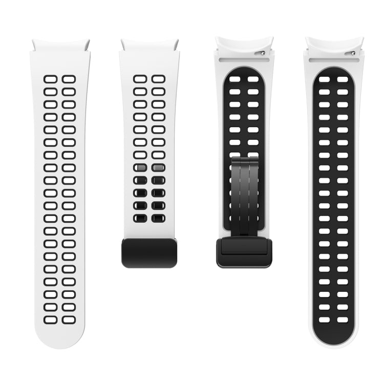 Silicone watch bands in four colors: white, black, and two two-tone styles.