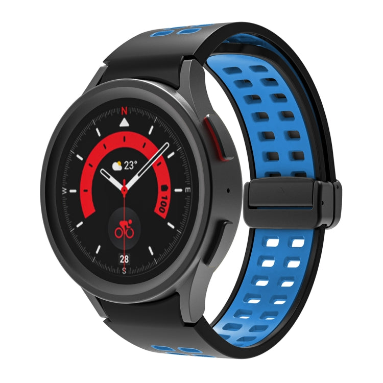 Silicone watch band with double-row holes and folding buckle, black with bright blue band