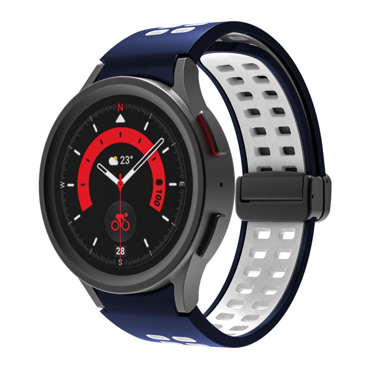 Silicone watch band with double-row holes and folding buckle, navy with white perforated band