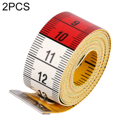 Sewing measuring tape roll with red and white markings, yellow edge trim