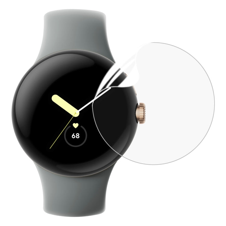 Clear hydrogel watch screen protector film fitted over smartwatch face