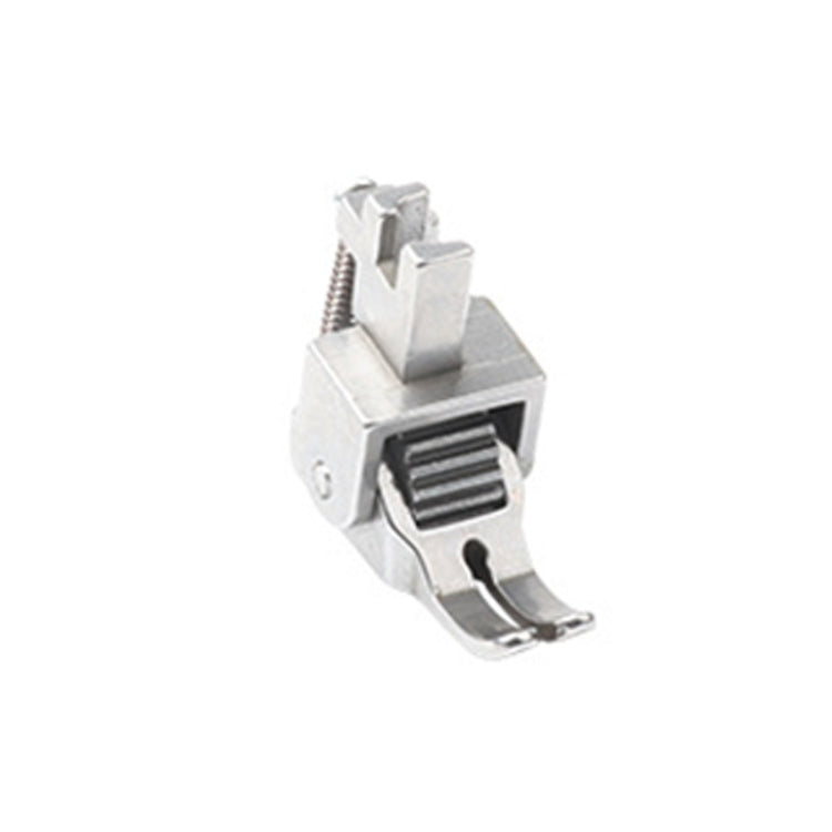 Metal adjustable sewing machine presser foot with black roller and curved needle plate
