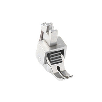 Metal adjustable sewing machine presser foot with black roller and curved needle plate