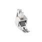Adjustable sewing machine roller presser foot in silver metal with black textured roller