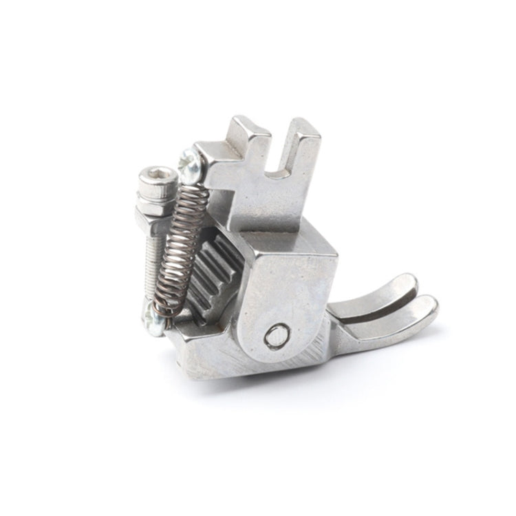 Silver sewing machine roller presser foot with spring, black roller, and curved shank
