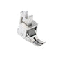 Silver adjustable sewing machine presser foot with dark textured roller and curved foot