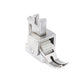 Sewing machine roller presser foot with white gear-like roller and silver metal body