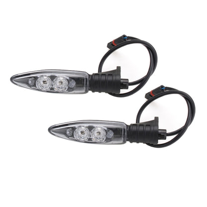 Pair of LED front turn signal lights with clear lenses, black housings, and wiring leads