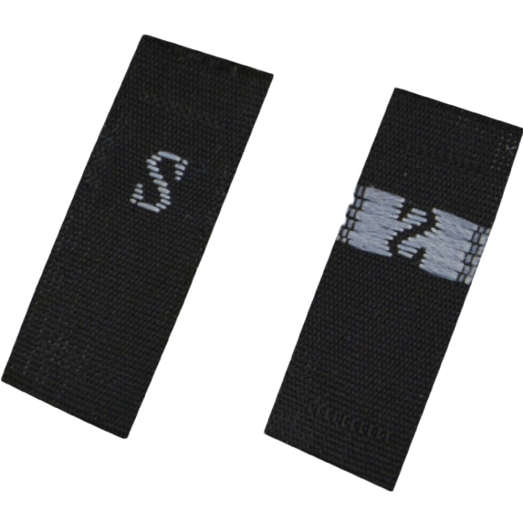 Polyester size label strips, black fabric with size markings in white