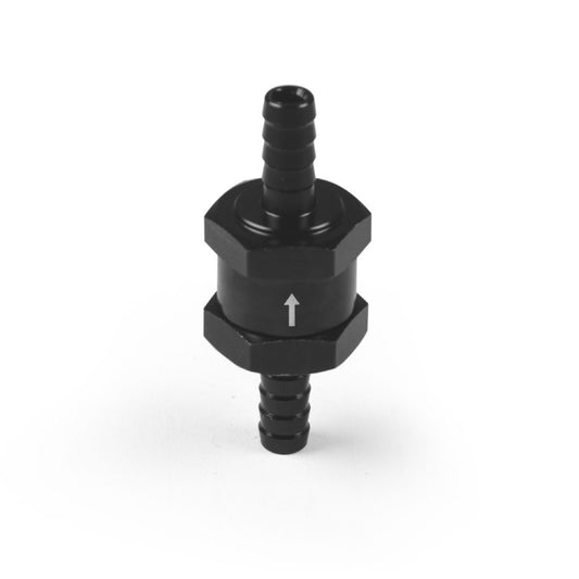Black one-way fuel check valve with barbed connectors and flow arrow