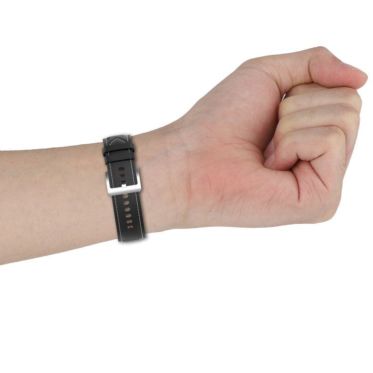 22mm genuine leather watch band with metal buckle, dark black, adjustable holes
