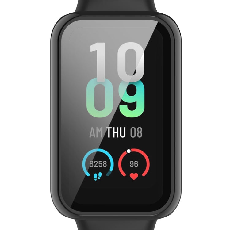 Front view of protective watch case with tempered glass, black frame, shows watch display