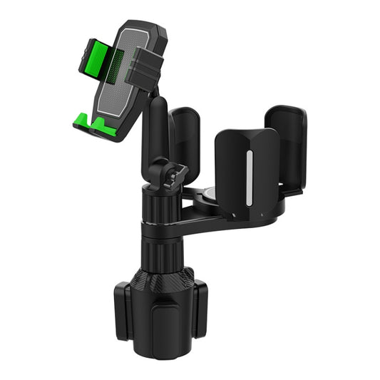 Car drink cup phone holder with black clamp, gray phone cradle, green side inserts