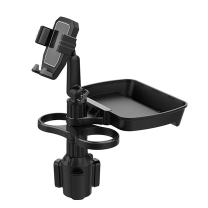 Car phone holder with drink-cup tray, black stand with ring clamp, 360 rotation disk