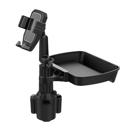 Black car phone holder with wide cup tray and side ring clamp, 360 rotating mount