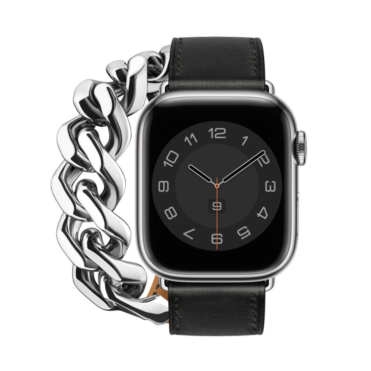 Genuine leather watch band with stainless steel chain links and buckle, black.