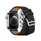 Genuine leather watch band with stainless steel double loops, black with tan lining.