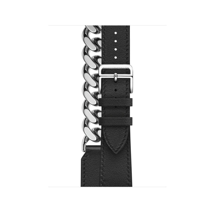 Black leather watch band with stainless steel buckle and multiple strap holes.