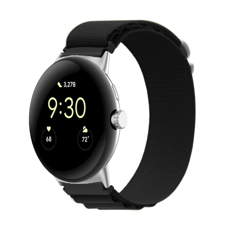 Black nylon loop watch band with silver connector, adjustable for 41mm watch