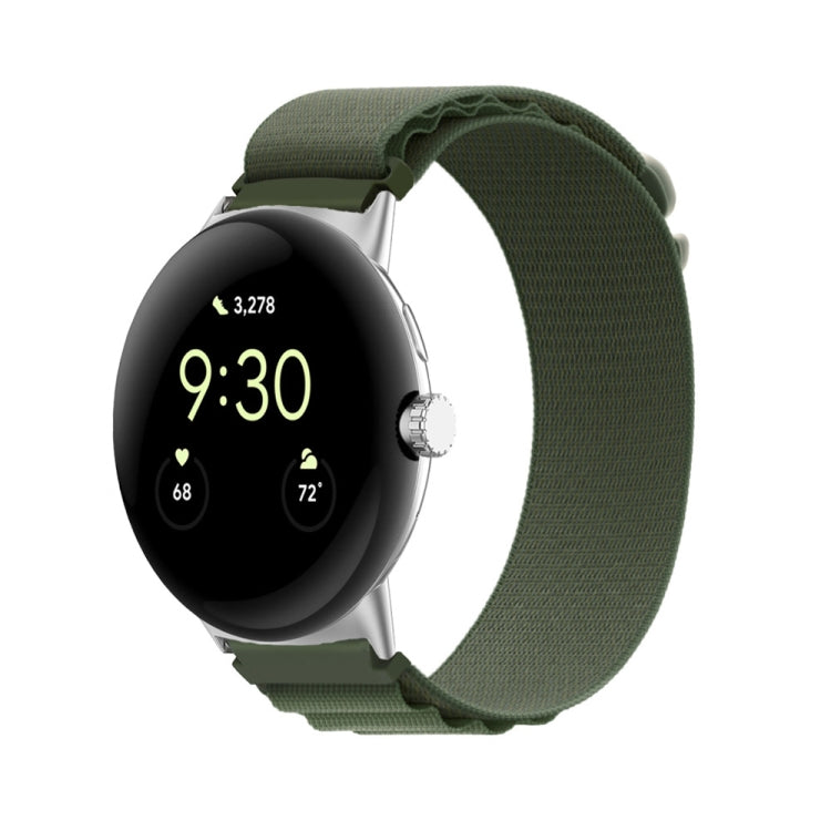 Green nylon loop watch band with silver connector, adjustable for 41mm watch