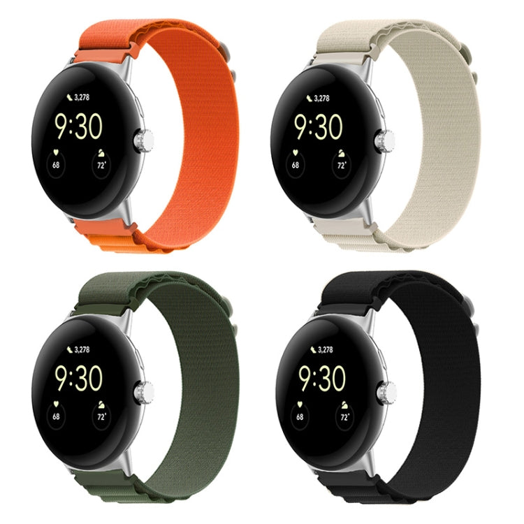 Four nylon loop watch bands with silver connectors in orange, starlight, green, black