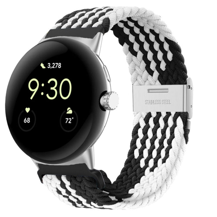 Black and white woven nylon watch band with metal buckle, for 41mm smartwatch.
