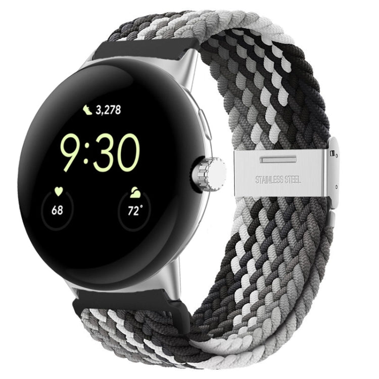Gray and black woven nylon watch band with metal buckle, for 41mm smartwatch.