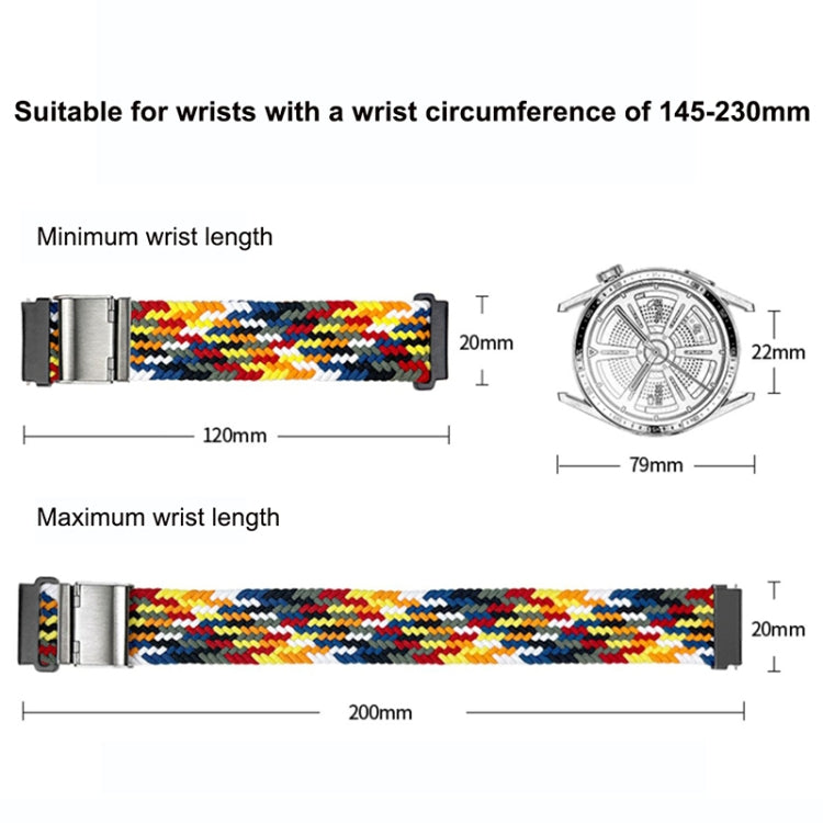 Nylon watch band with metal buckle shown with wrist sizing guides for fit.