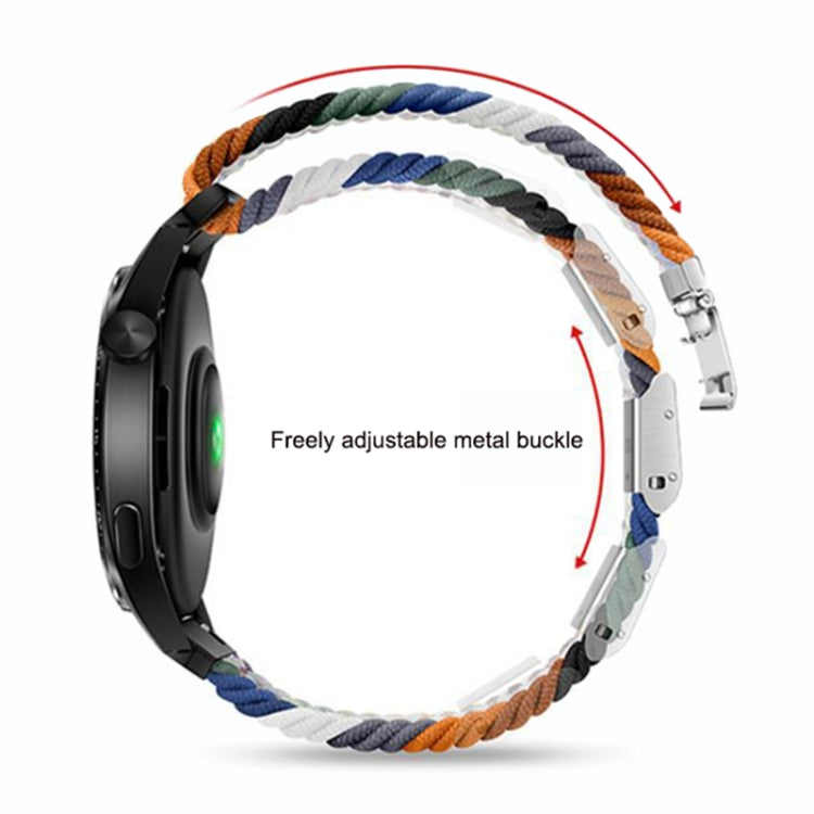 Rainbow braided nylon watch band with metal buckle, adjustable loop closure
