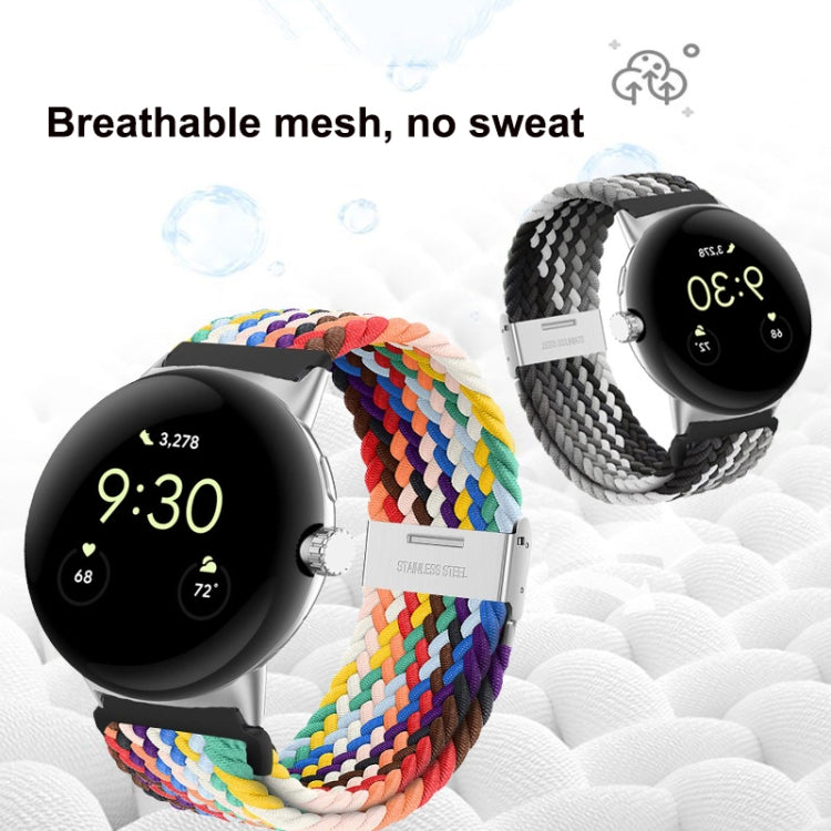 Multicolor braided nylon watch band with silver metal clasp and adjustable buckle