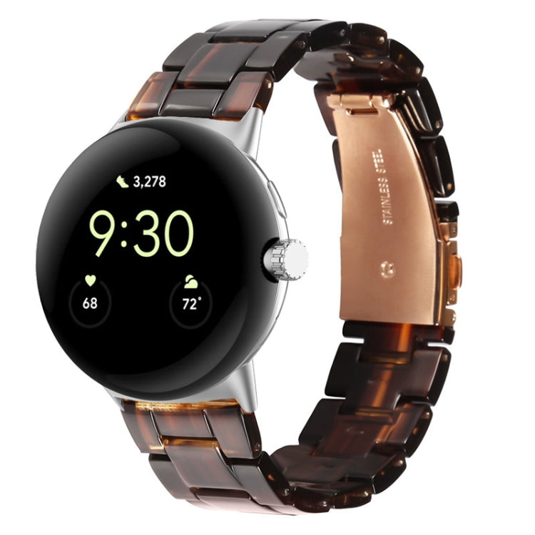 Three-beads resin watch band for 41mm Pixel Watch, brown tortoise-style translucent links.