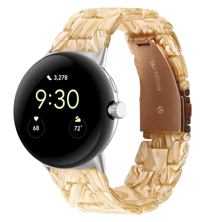 Three-beads resin watch band for 41mm Pixel Watch, beige marble-like translucent links.