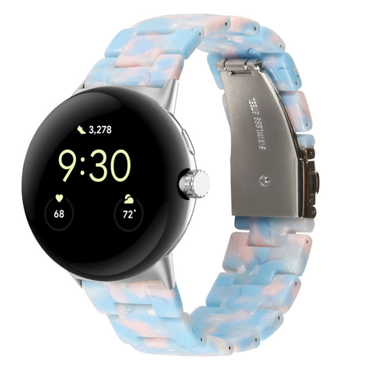 Three-beads resin watch band for 41mm Pixel Watch, light blue marble-like translucent links.