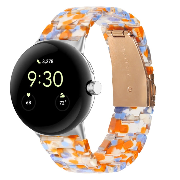 Three-beads resin watch band for 41mm Pixel Watch, orange and blue confetti translucent links.