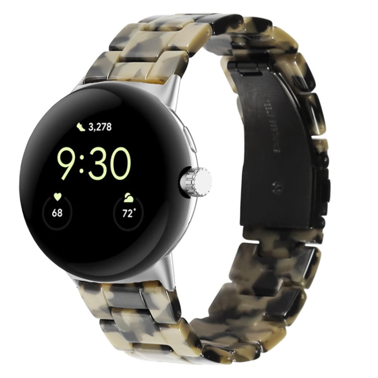 Three-beads resin watch band for 41mm Pixel Watch, beige and black mottled translucent links.
