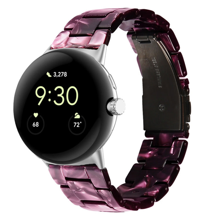 Three-bead resin watch band with marbled purple-pink links and metal watch connector.