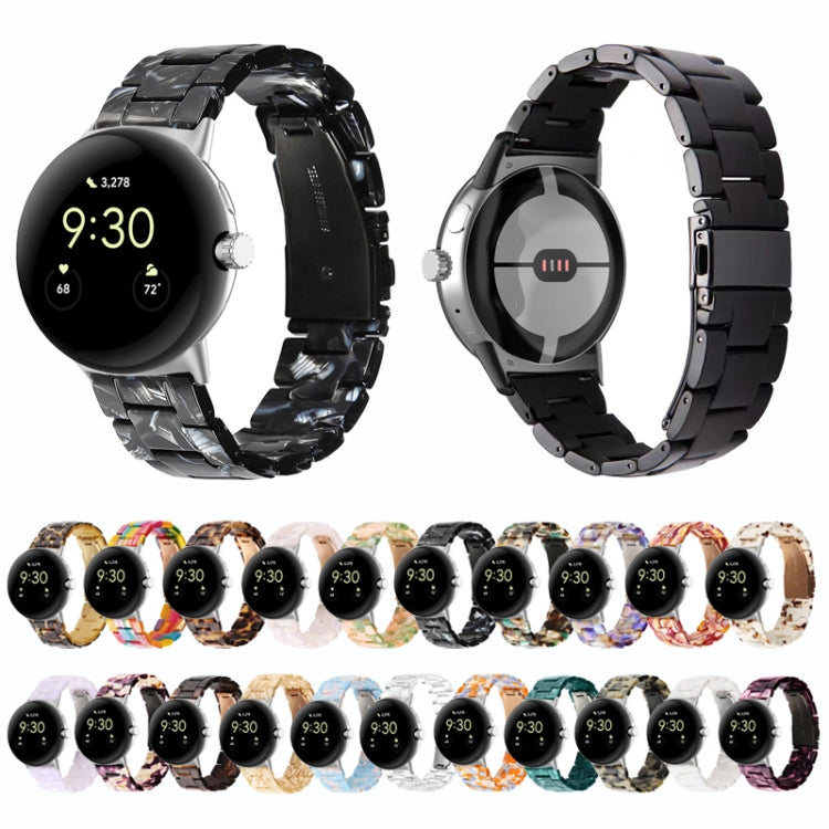 Assorted three-bead resin watch bands in multiple colors with link bracelets and connectors.