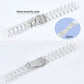 Three-bead resin watch band with clear crystal links and metal butterfly clasp.