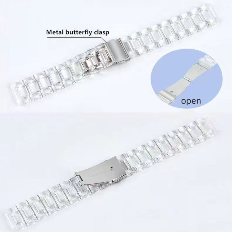 Three-bead resin watch band with clear crystal links and metal butterfly clasp.
