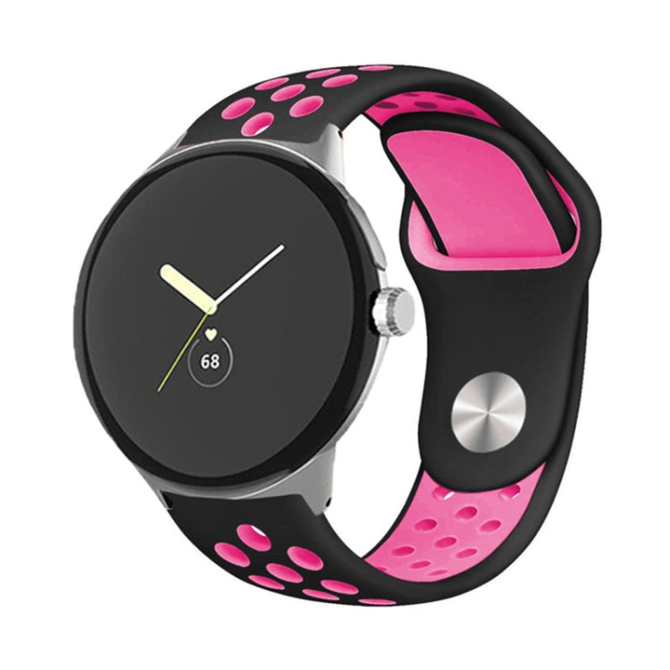 Two-color reverse buckle silicone watch band, black and pink with paw-print details
