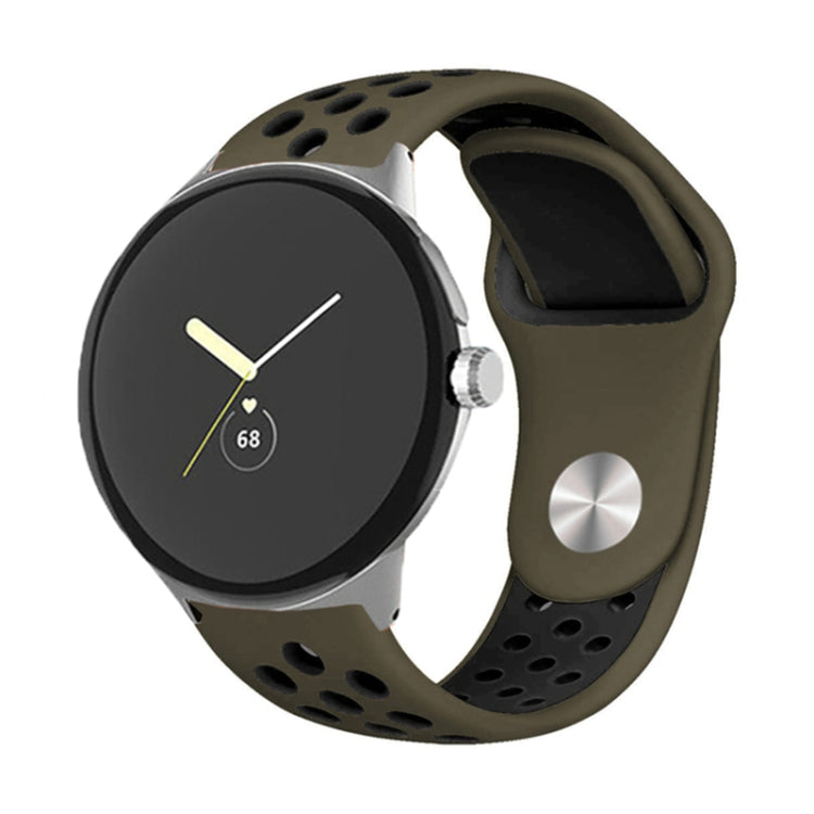 Two-color silicone watch band with reverse buckle, dark olive and black with perforated holes