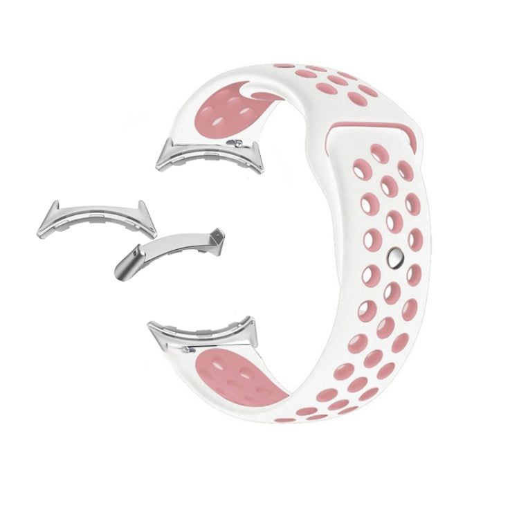Two-color silicone watch band, white with pink perforations and reverse buckle ends