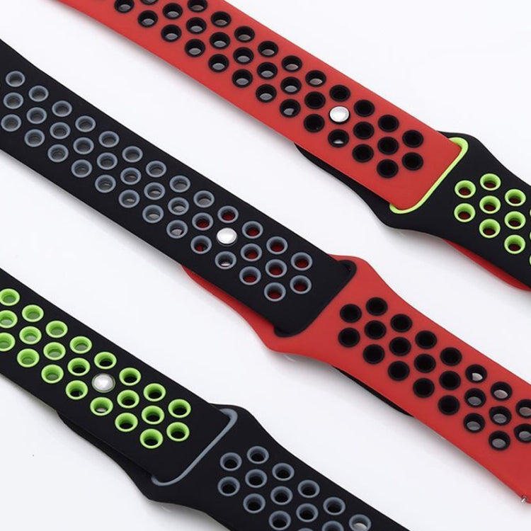 Two-color silicone watch bands, red and black with green edge perforations