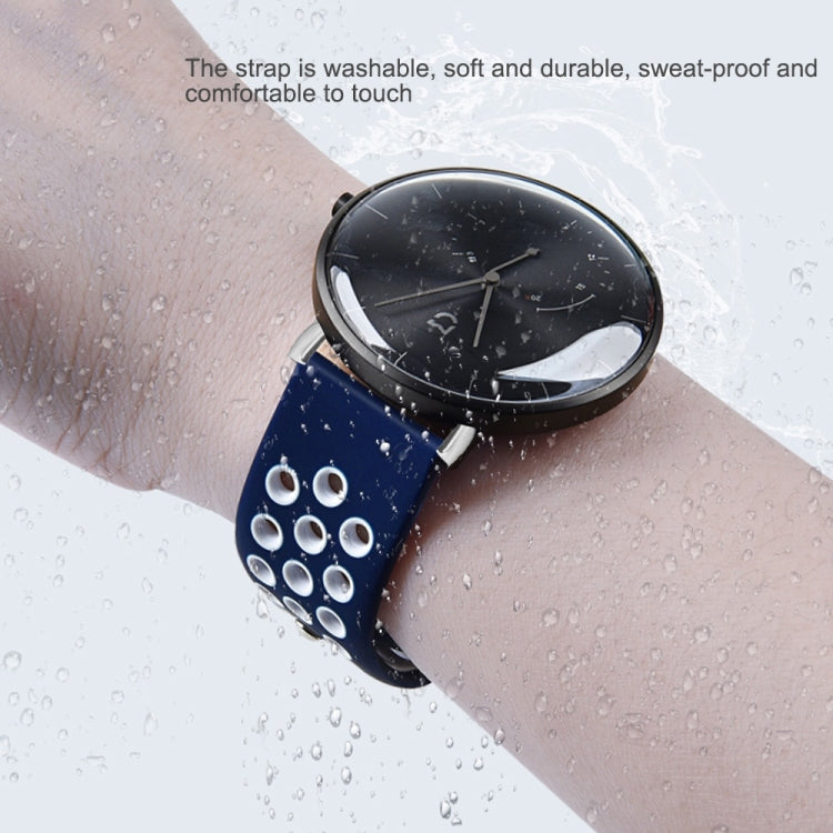 Two-color silicone watch band, blue with white perforations and reverse buckle