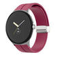 Pink silicone watch band with folding buckle and silver clasp, shown on watch.