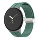 Green silicone watch band with folding buckle and silver clasp, shown on watch.