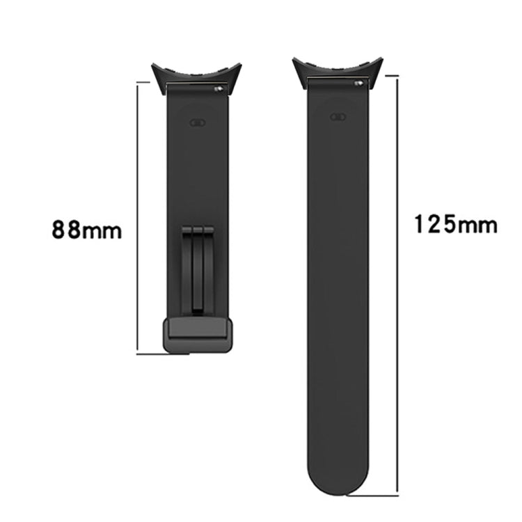 Black silicone watch band with folding buckle, front and side dimension diagram.