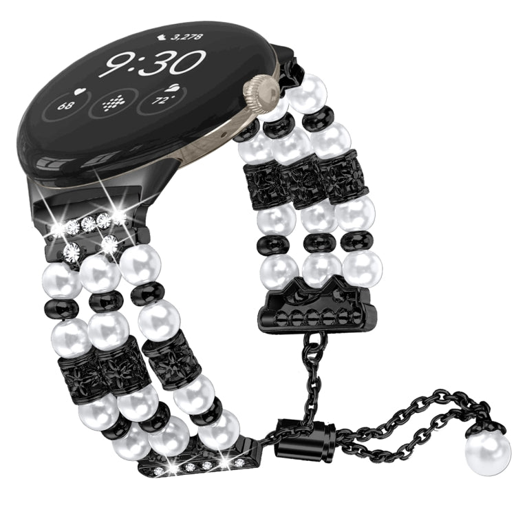 Pearl half bracelet watch band with black beads, sparkly crystal center and chain clasp