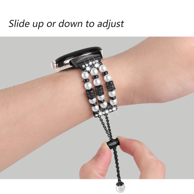 Pearl half bracelet watch band on wrist, black bead links with slider adjustment