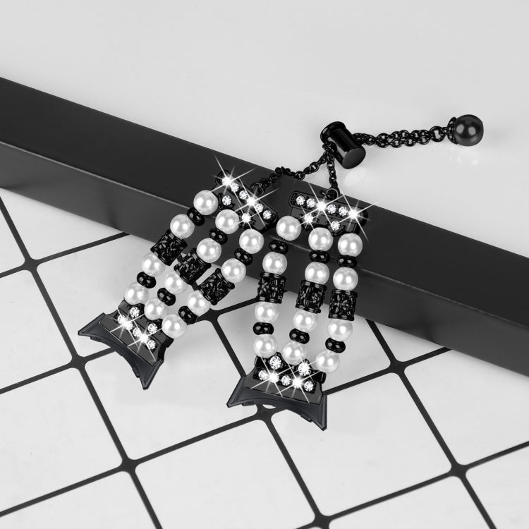 Pearl half bracelet watch band with white pearls, black links, star-like crystal accents